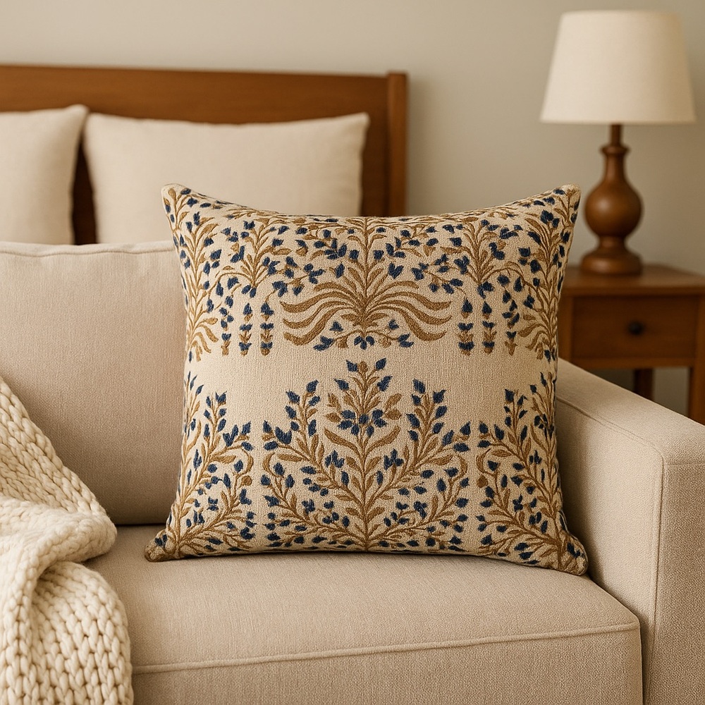 Boho EmbroideredThrow Pillow – Neutral with Navy & Gold Floral Design